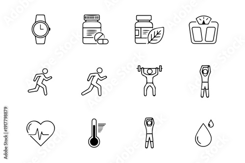 Line art icons representing health fitness and medical monitoring