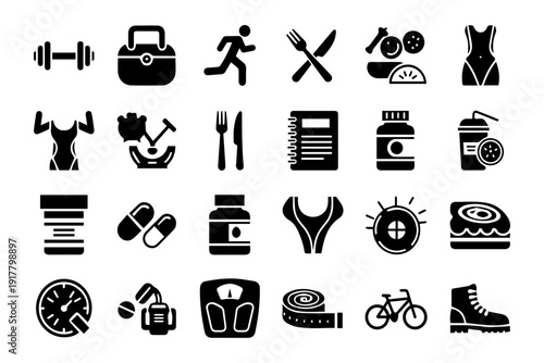 Collection of black silhouette icons representing health fitness and lifestyle