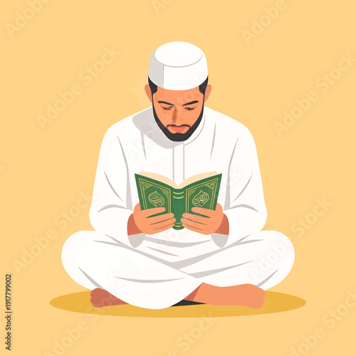 Person in traditional attire reading a book in a meditative pose.