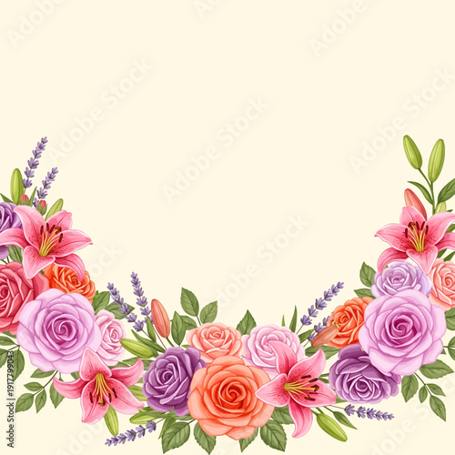 Watercolor floral arrangement in a graceful arch shape with pastel flowers