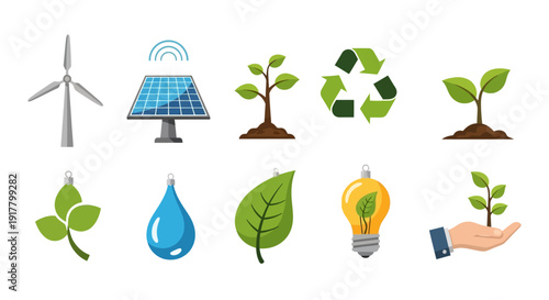Eco Themed Collection of Symbols for Green Energy and Environmental Conservation