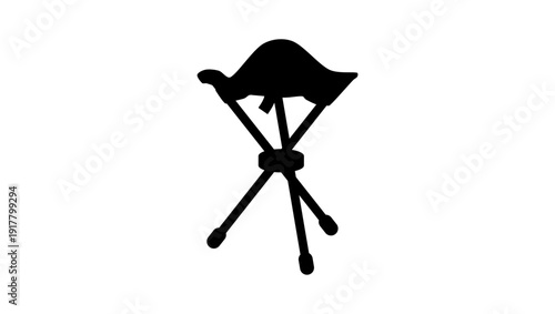 Three-legged tourist portable chair, black isolated silhouette