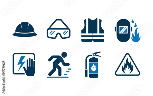 Construction site hazard icon set, clean vector symbols for safety signage, caution warnings, building site risks, protective measures, industrial safety, and professional digital or print design 