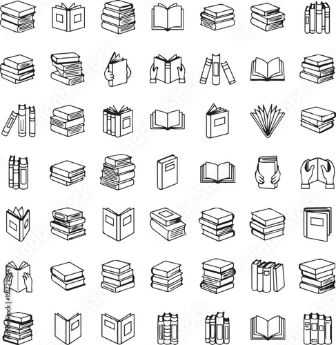 Collection of black and white line depicting various books and reading scenes literature library