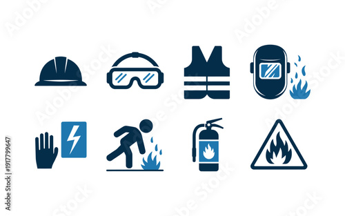 Construction site hazard icon set, vector illustrations representing safety warnings, dangerous areas, heavy machinery, risk prevention, worker protection, and industrial or building site design