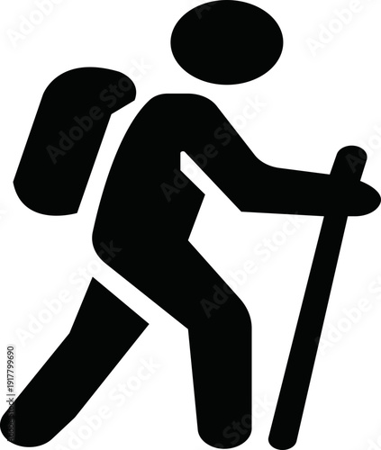 Hiking vector icon.black and white icon of hiker with backpack and walking stick following dotted path toward location marker symbolizing travel and exploration. Walking. Public icon.