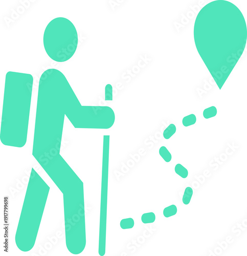 Hiking vector icon.black and white icon of hiker with backpack and walking stick following dotted path toward location marker symbolizing travel and exploration. Walking. Public icon.