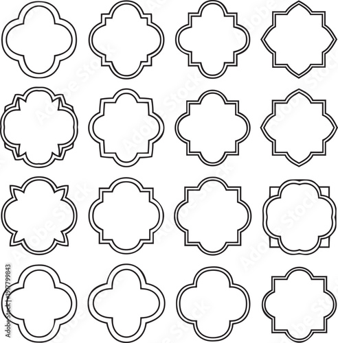 Collection of sixteen decorative quatrefoil and arabesque frames on white background border ornamental