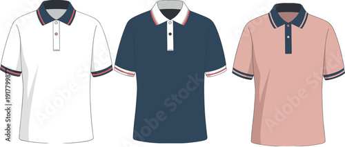 Three polo shirts in white, navy blue, and pink with contrasting collars and cuffs white shirt navy blue shirt