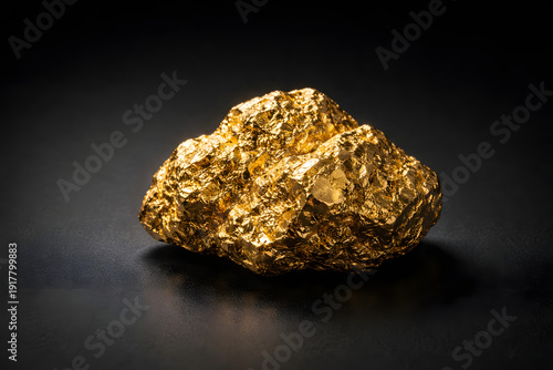 Golden Nugget's Allure: An eye-level shot captures a radiant, raw gold nugget, its irregular surface gleaming against a dark background.