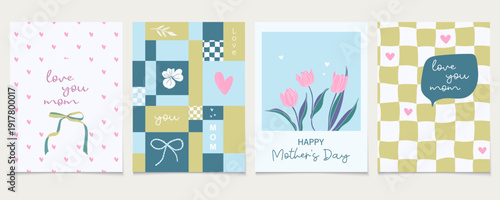 Happy Mother's Day cards collection. Cute holiday prints with tulips and hearts. Modern geometric minimalist art design with spring flowers. Hand drawn vector illustrations.