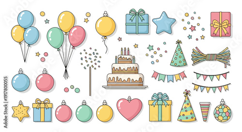 Celebration Flat Lay Vector Objects Set for Birthday and Holiday Party