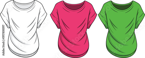Three short sleeved t shirts in white, pink, and green