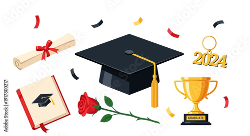 Graduation Academic Success Celebration with Cap Diploma Trophy 2024