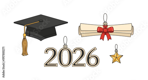 Graduation Themed Set with Cap Diploma 2026 and Star Ornaments