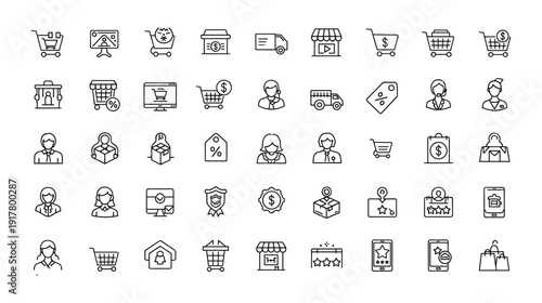 Collection of E-commerce and Shopping Icons in Black and White Outline online store