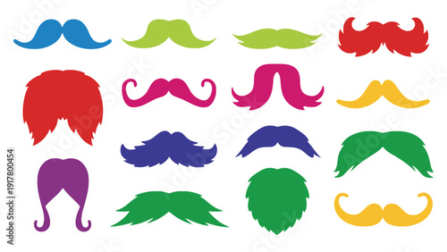 A colorful mustache vector illustration set in various styles and shapes
