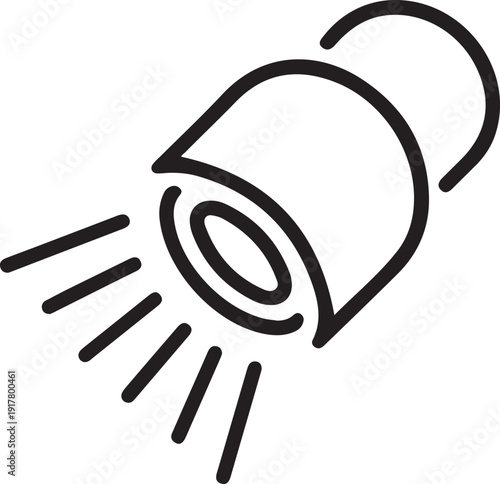 Minimal Line Icon of Stage Spotlight Lamp, Simple black outline illustration of a stage spotlight shining light beams, symbolizing theater lighting, performance, attention, and entertainment.