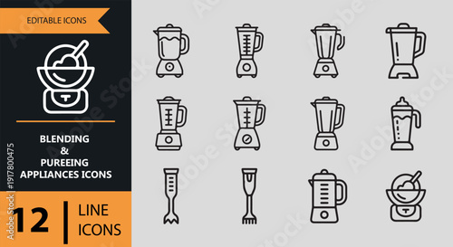 Blending and Pureeing Kitchen Appliances Outline Icons Collection