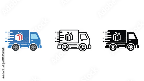 Truck delivery icon set with gift boxes in motion
