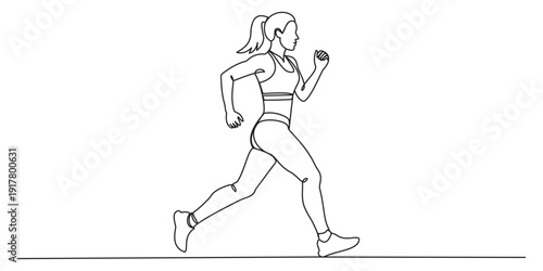 Continuous one line art of Woman running in sportswear. Woman drawing with editable black stroke on transparent background.