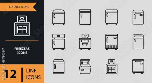 Freezer and Frozen Food Storage Outline Icons Set