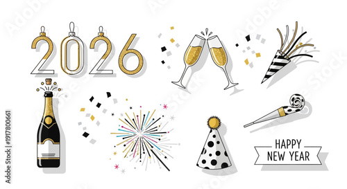 New Year 2026 Celebration Vector Illustration with Party Elements