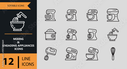 Mixing and Kneading Bakery Appliances Outline Icons Set