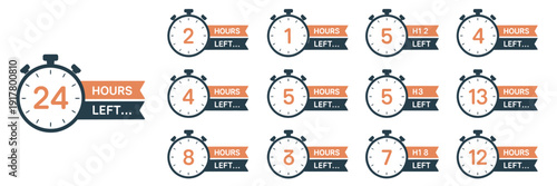 Countdown timer set from 1 to 24 hours, color hours icon, countdown hours left from 1 to 24 hours badge set for top ranked marketing visuals, digital promotion graphics, sale countdown layouts, 