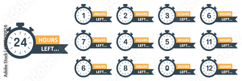 Countdown timer set from 1 to 24 hours, color hours icon, countdown hours left from 1 to 24 hours badge set for ranked social media posts, promotions, promo offers, flat design, isolated vector 