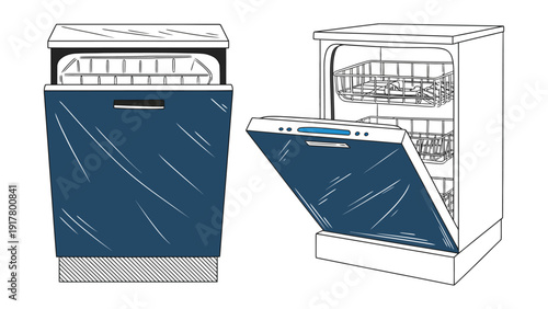 Dishwasher vector illustration with closed and open door showing interior