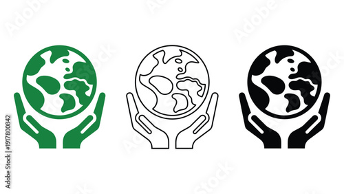 Earth globe icon illustration with hands in green, black, and white colors