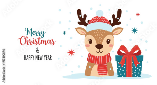 Adorable Christmas reindeer wearing a winter hat and scarf standing next to a blue polka dot gift box with a red bow.