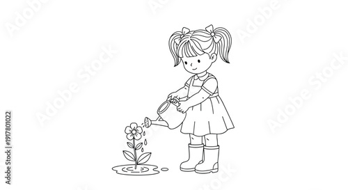 Cute black and white line drawing of a young girl with pigtails carefully watering a single growing flower with a watering can.