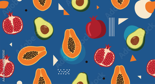 Vibrant seamless pattern of tropical fruits including papaya, avocado, and pomegranate halves with abstract shapes on a dark blue background.