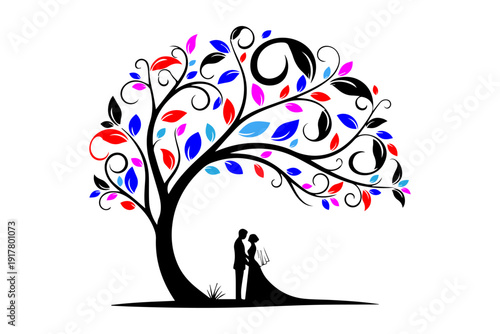 Stylized tree illustration with a couple silhouetted beneath its branches