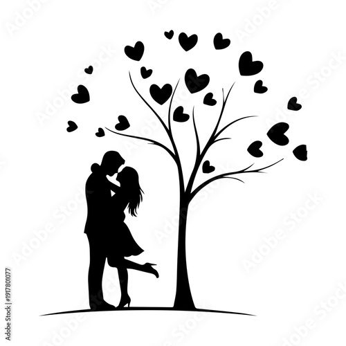 A couple embraces beneath a tree adorned with heart shaped leaves