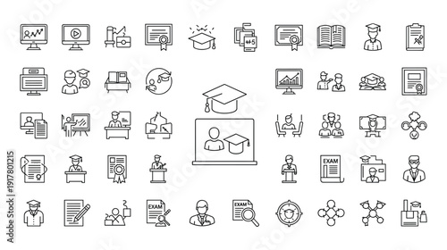 Educational Icons Featuring Graduation Caps Books and Online Learning school university