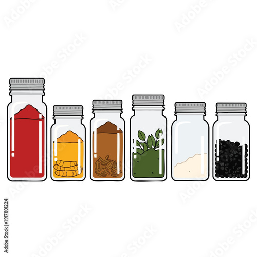 Collection of Colorful Spice and Herb Jars for Kitchen Storage and Cooking