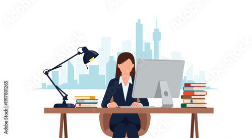 Professional business woman working at her office desk with a computer and books against a blue city skyline silhouette background.