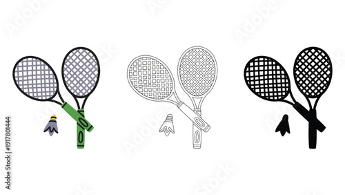 Badminton racket vector icons in different styles and colors illustration