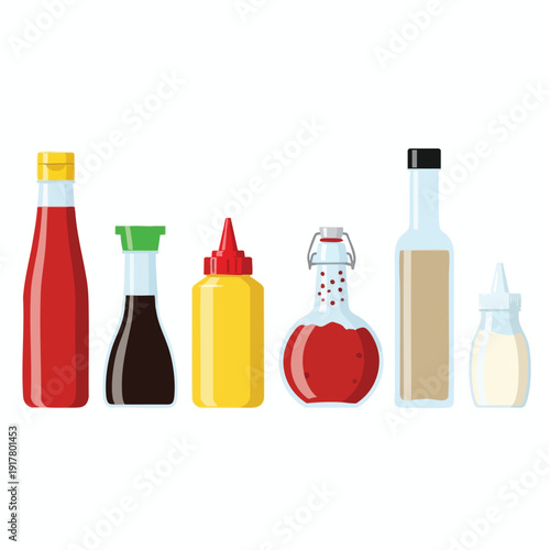 Assorted Condiments and Sauces in Bottles and Jars for Cooking and Dining