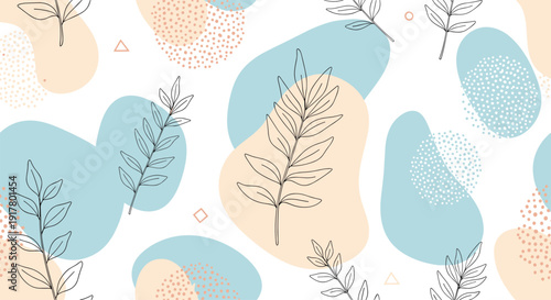 Modern seamless pattern of line art leaves on soft blue and peach abstract shapes with dotted textures and geometric elements.