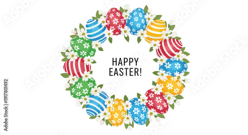 Beautiful Easter wreath composed of colorful decorated eggs and delicate white spring flowers with central greeting text on white background.