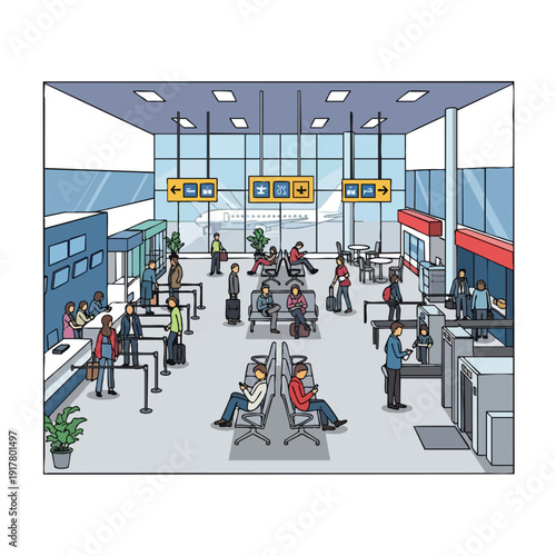 Modern Airport Terminal with Passengers and Staff in a Busy Travel Hub