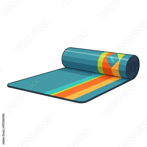 Rolled-up yoga mat with vibrant colorful stripes, ready for exercise, fitness, or meditation on an isolated white background.