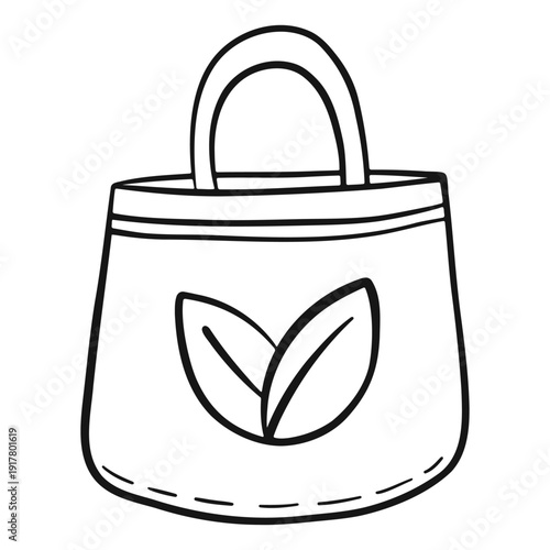 Doodle eco shopper bag decorated with leaf drawings isolated on white background. concept of ecology, sustainable lifestyle, and love for nature, emphasizing conscious shopping reusable alternatives