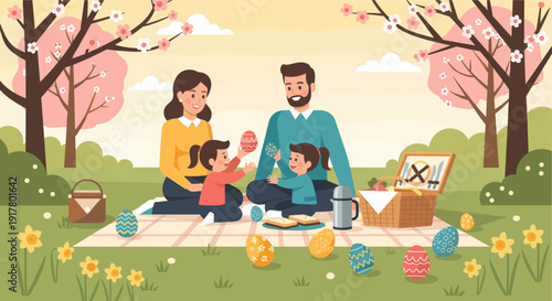 Illustrated scene of a family enjoying an Easter picnic in a park with blooming trees and scattered decorated Easter eggs. Suitable for holiday or springtime themes.