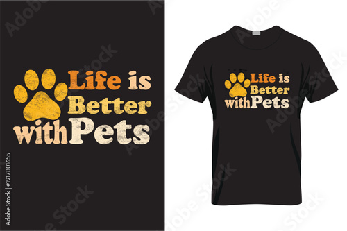 Black t-shirt with life is better with pets golden dog print design mockup
