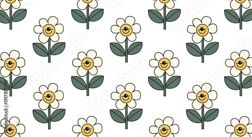 Unique retro style floral pattern consisting of white daisies with yellow centers that feature a single winking eye on a white background.